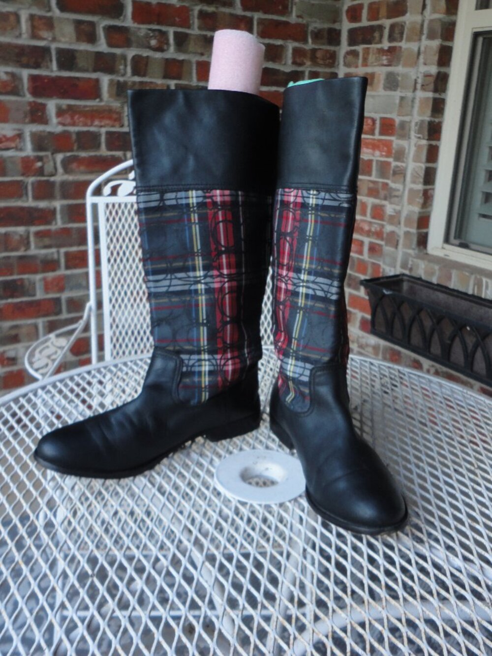 COACH "Chrissi" Black Leather & Plaid Equestrian Knee High Boots Size 9.5B